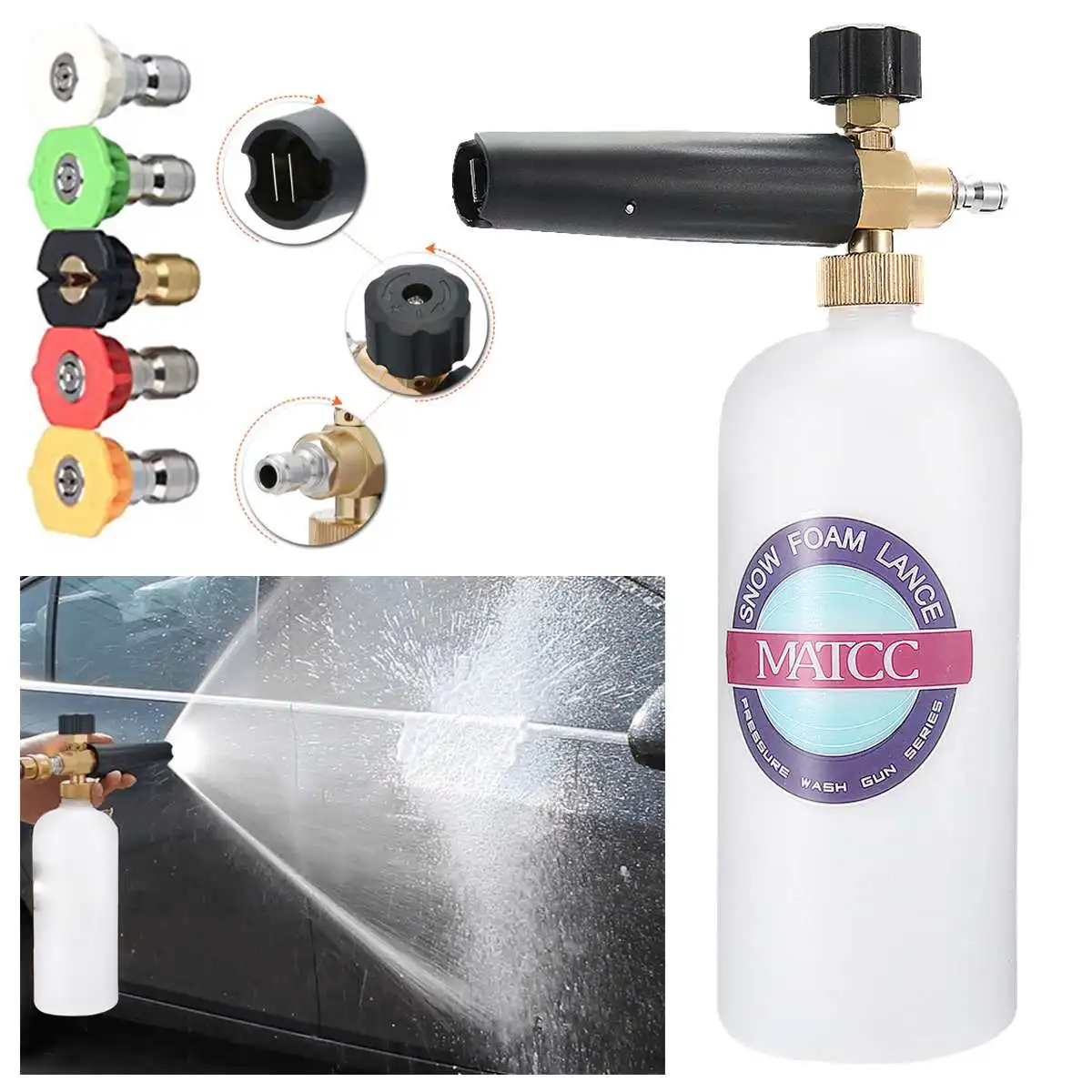 

Adjustable Foam Cannon I Liter Bottle Snow Foam Lance with 1/4'' Quick Connector and 5 Pressure Washer Nozzles for Cleaning