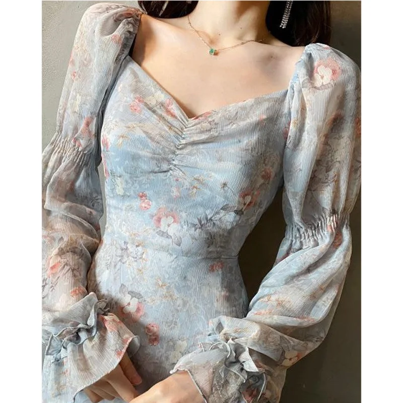 

2021 Women Vintage Floral Dress Elegant Lace Chiffon Korean Party Dress Puff Sleeve V Neck Midi Dress Fall Dresses Women L32