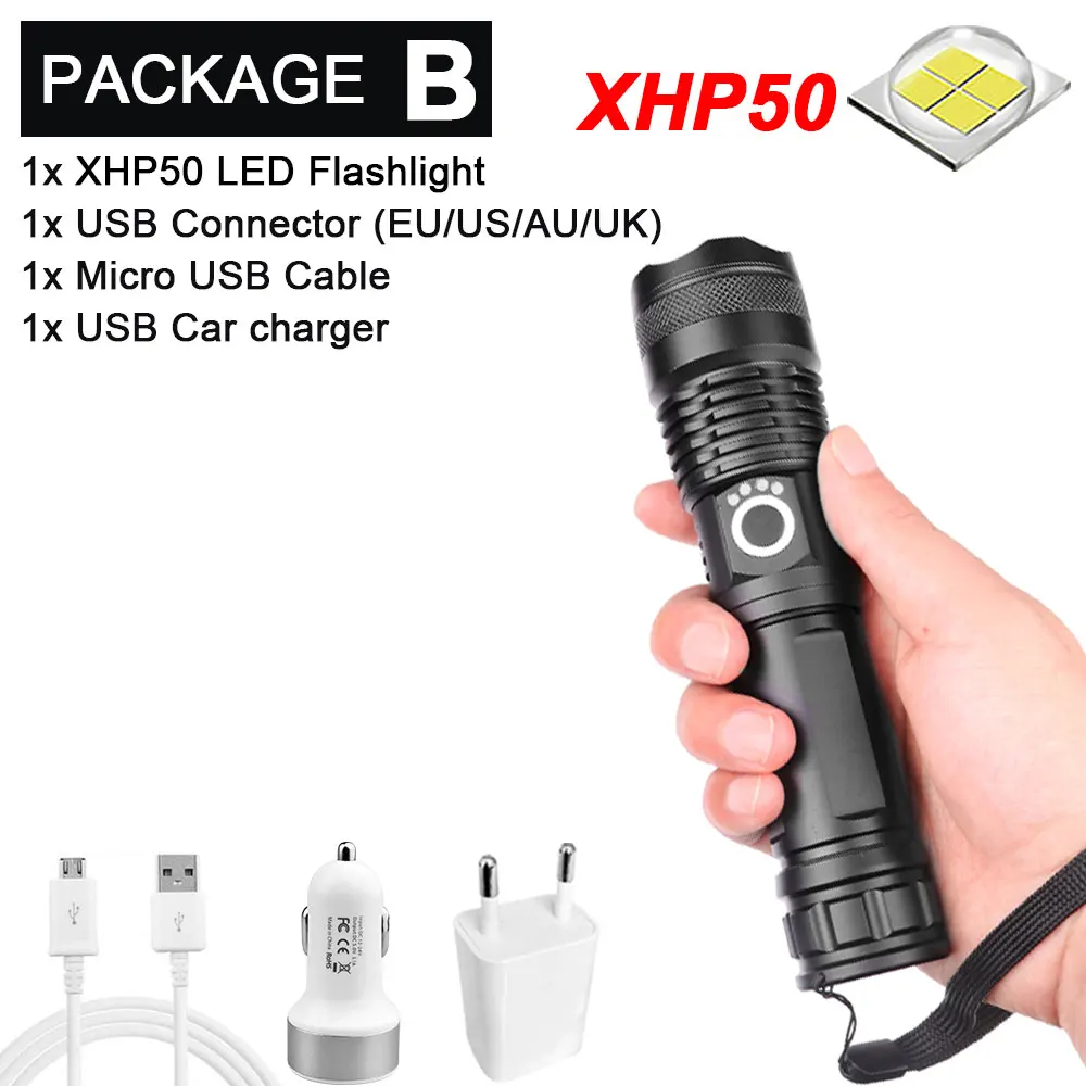 Package B-XHP50 Мощный светодиодный фонарик с XHP 70,2, лампа с бусинами, масштабируемый, 3 режима освещения, светодиодный фонарь, USB Перезаряжаемый, для кемпинга, охоты, лампа - Испускаемый цвет: Package B-XHP50
