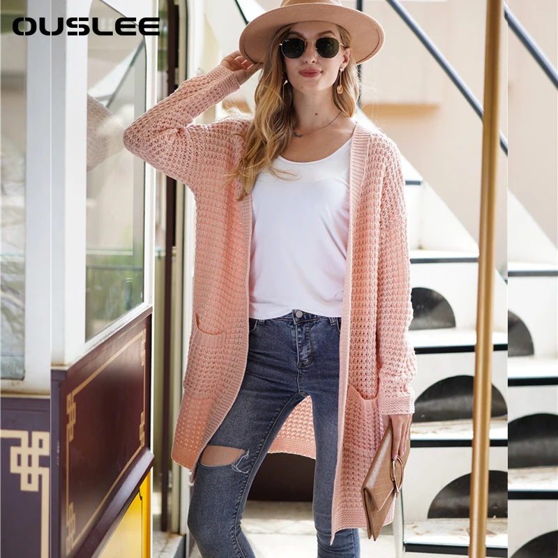 OUSLEE-Женский кардиган с V-образным вырезом и рукавом-фонариком свободные вязаные