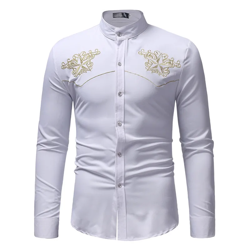 White Mandarin Collar Dress Shirt Men Embroidery Slim Fit Long Sleeve Mens Casual Shirts Wedding Party Prom for Male |