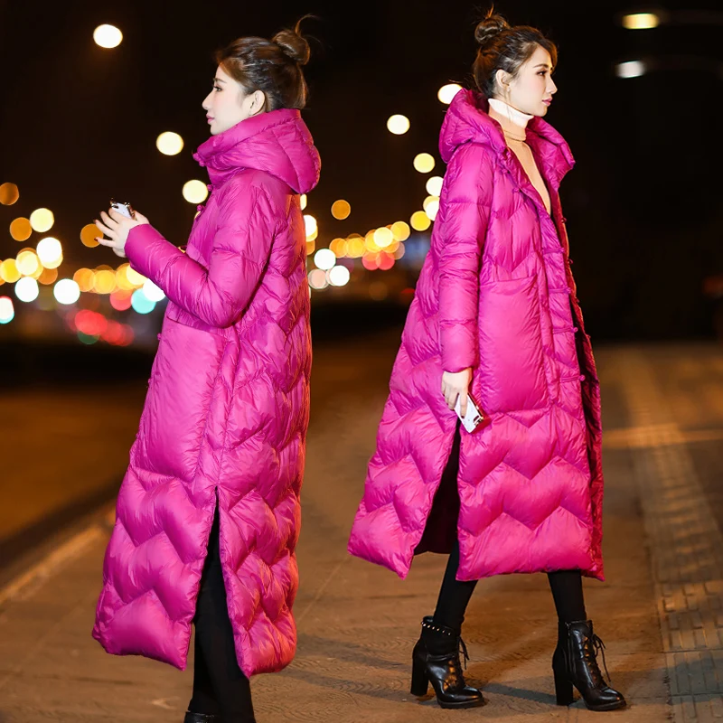 Зимняя женская длинная пуховая куртка куртки на белом утином пуху теплое пальто