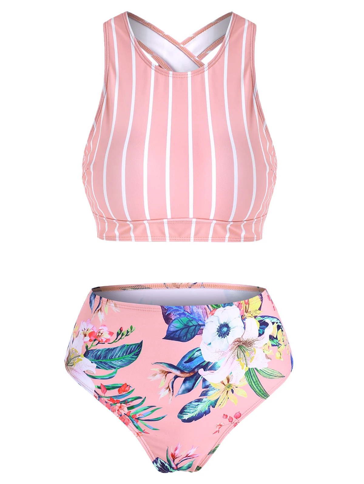 Модный розовый купальник-танкини в полоску с перекрещивающимися полосками сзади