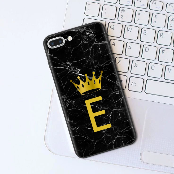 

Custom name Letter Monogram Black Marble Gold crown Soft Phone Case For iphone X 5S 5 SE 6 6s Plus 7 7Plus 8 8 plus XS Max XR