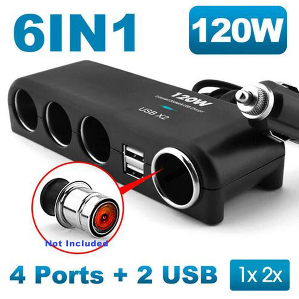 

12V-24V 120W Car Cigarette Lighter Splitter Plug Extension Cable 1 To 4 With Dual USB For Mobile Phone MP3 DVR Car Accessories