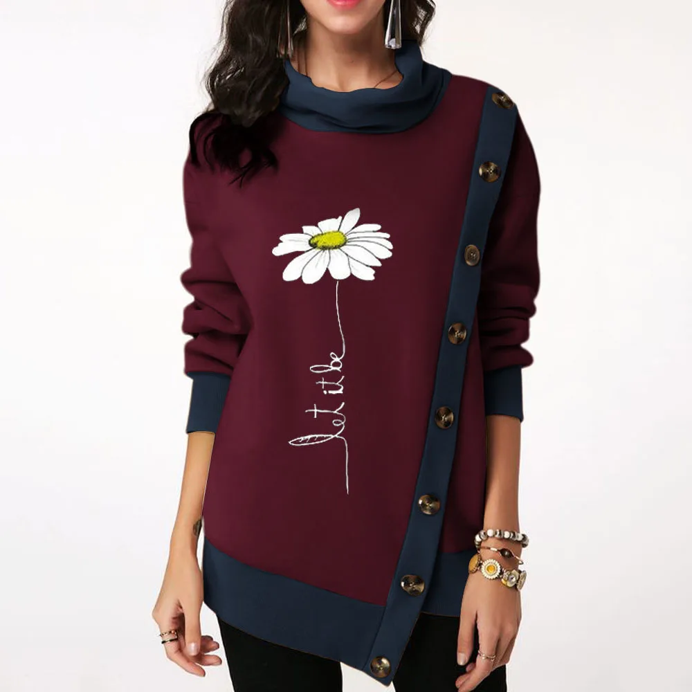 red flower Модная женская толстовка с капюшоном на осень и зиму, Необычные пуговицы, Лоскутная блуза, негабаритные толстовки, офисное ретро пальто, 4XL 5XL - Цвет: red flower