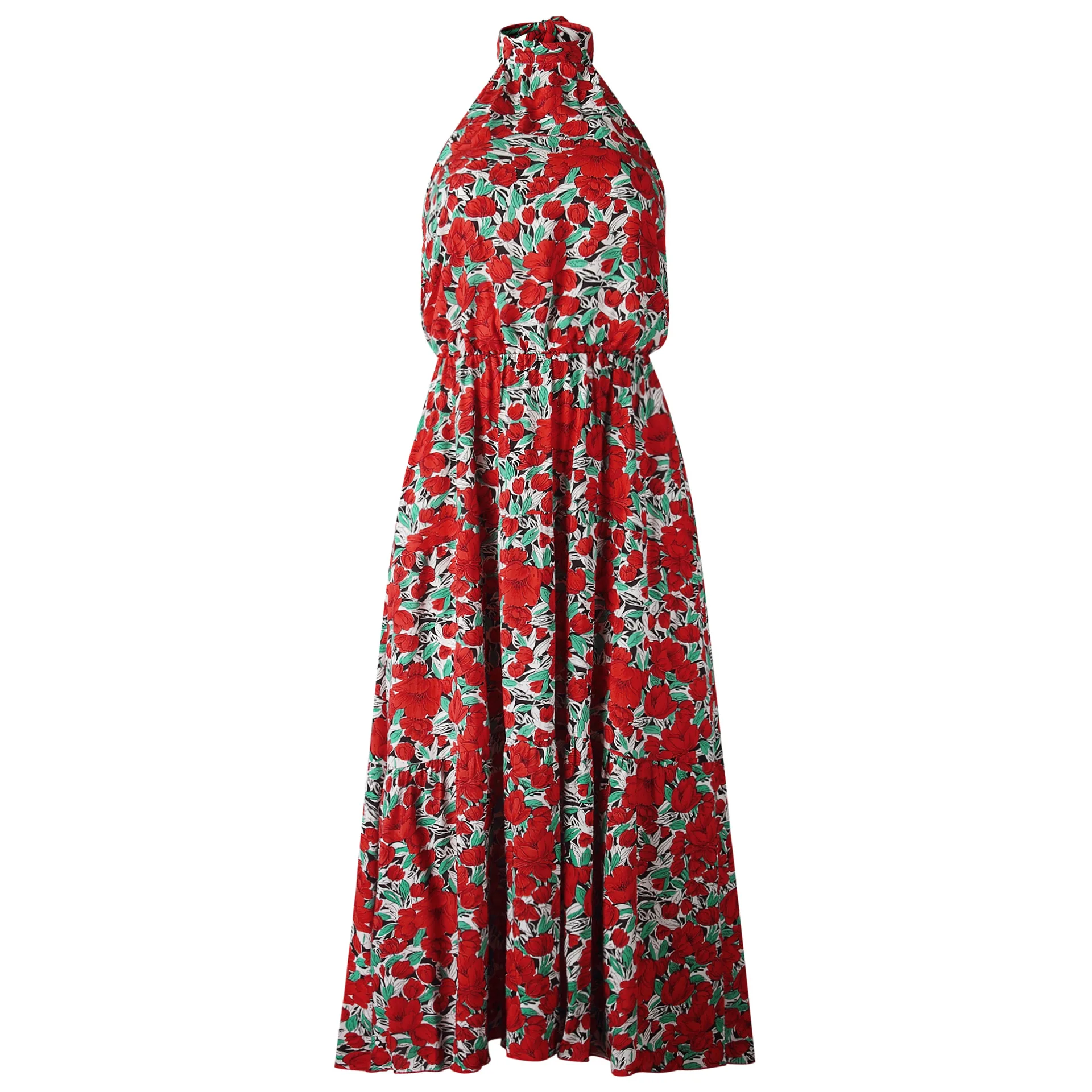 

Women Sexy Halter Lace Up Backless Floral Print Long Dress Summer Sleeveless Off Shoulder Boho Elegant Robe Maxi Beach Vestidos