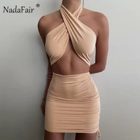 nadafair cross halter sexy mini party dress club outfit festival ruched bandage short green bodycon summer dresses women brown