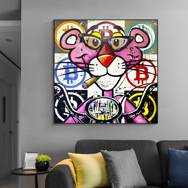 

Funny Cartoon Pink Panther with Glasses Canvas Painting Wall Art Nordic Bitcoin Posters and Prints Picture for Living Room Decor