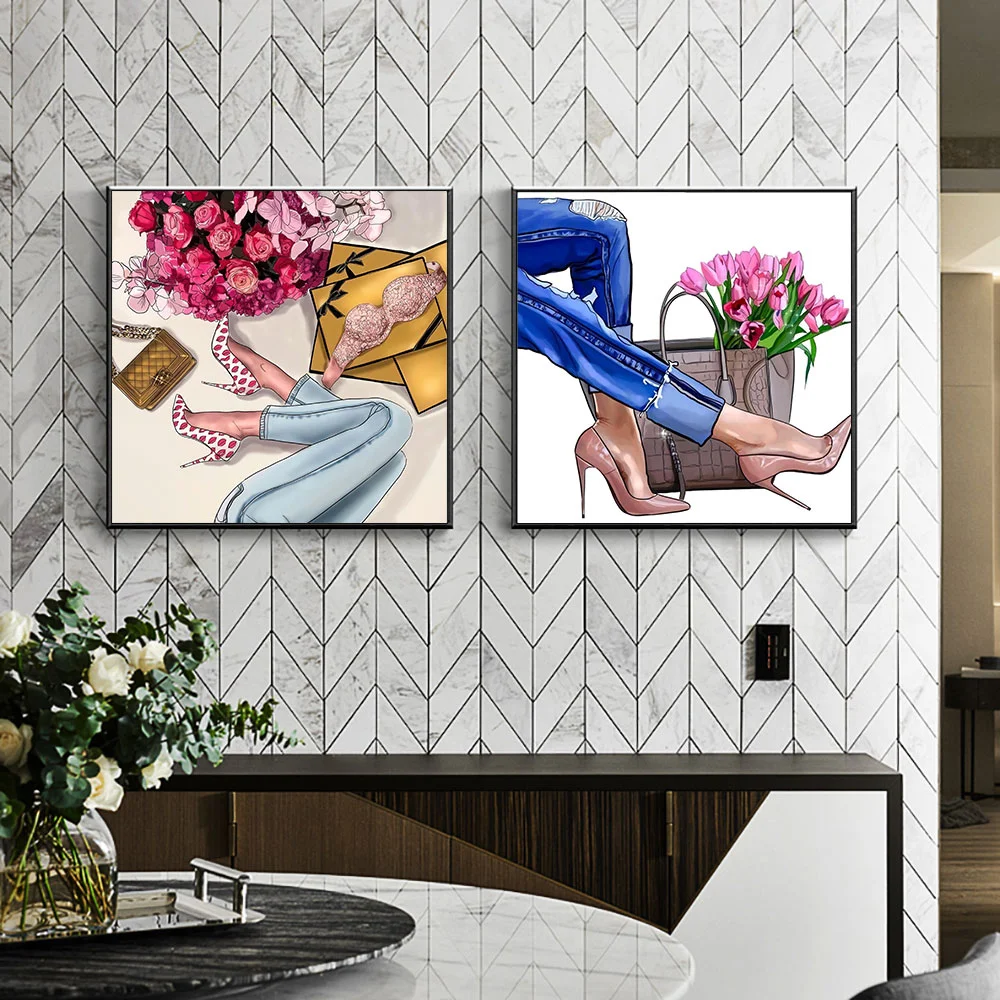 

Wall Art Canvas Painting Style Fashion High Heel Shoes Flower Posters and Prints Nordic Decoration Pictures Modern Home Decor