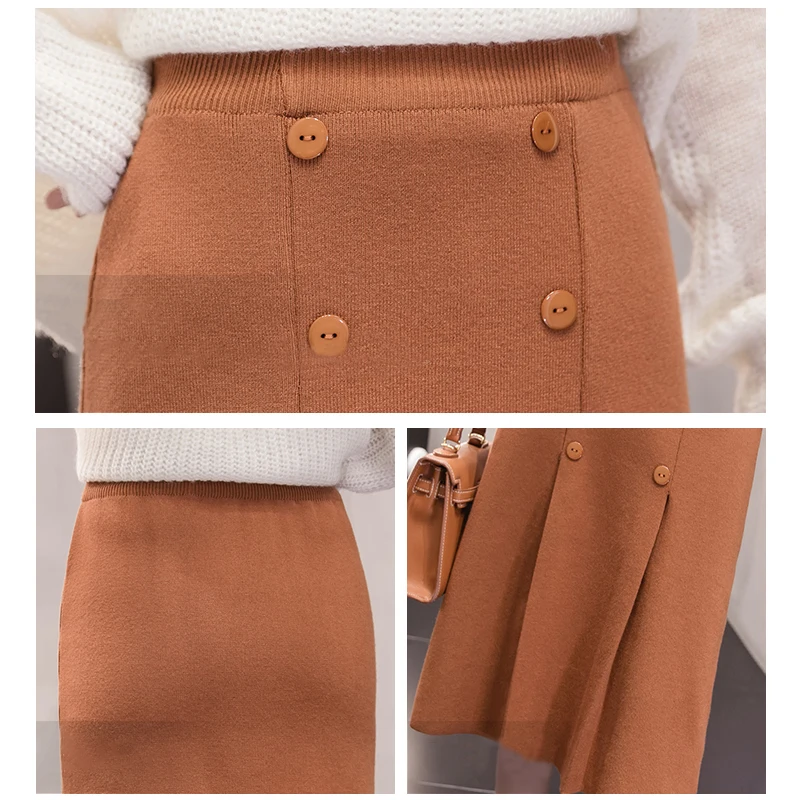 High Waist Stretch Knitted Skirt Women Elegant Double breasted Straight Long Skirts Female Autumn Winter Vintage Pleated Skirt