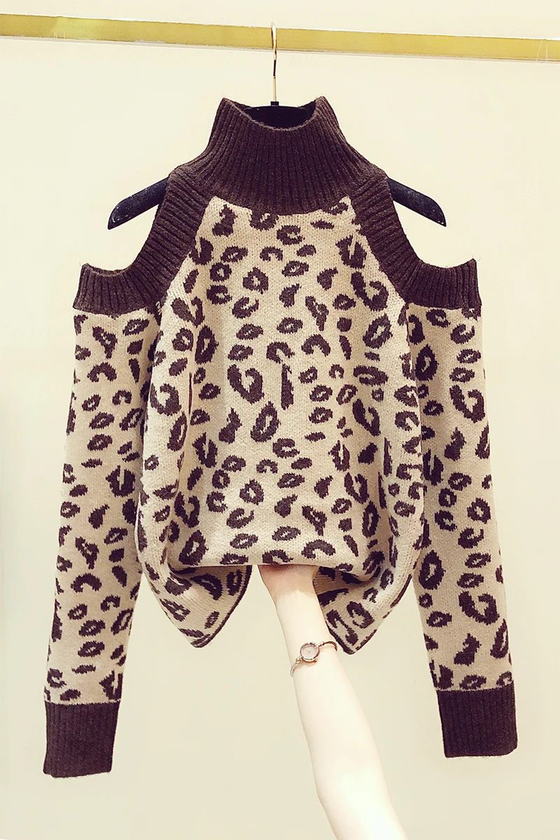 

Fashion Turtleneck Sweater for Women 2020 Fall Winter New Off-Shoulder Long Sleeve Sweater Vintage Leopard Print Loose Pullover