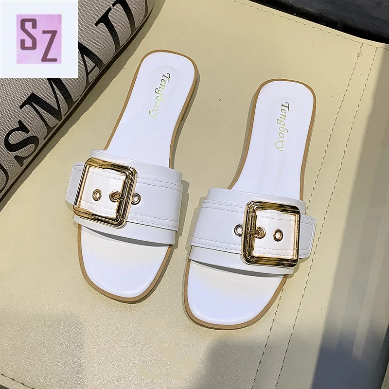 

2021 slippers female summer is good with square buckle flip flops female flat-bottom sandals fashion casual wear student sandals