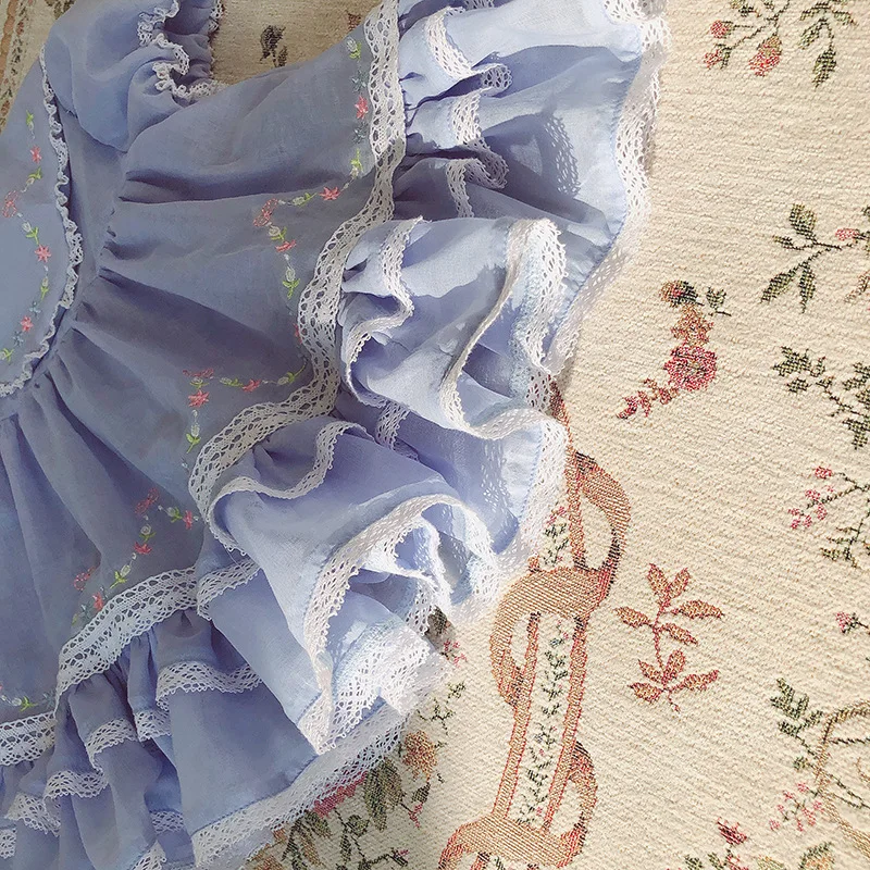 2020 elegant princess dresses for girls vintage lace blue embroidered flower dress girl floral short sleeve summer | Детская одежда и