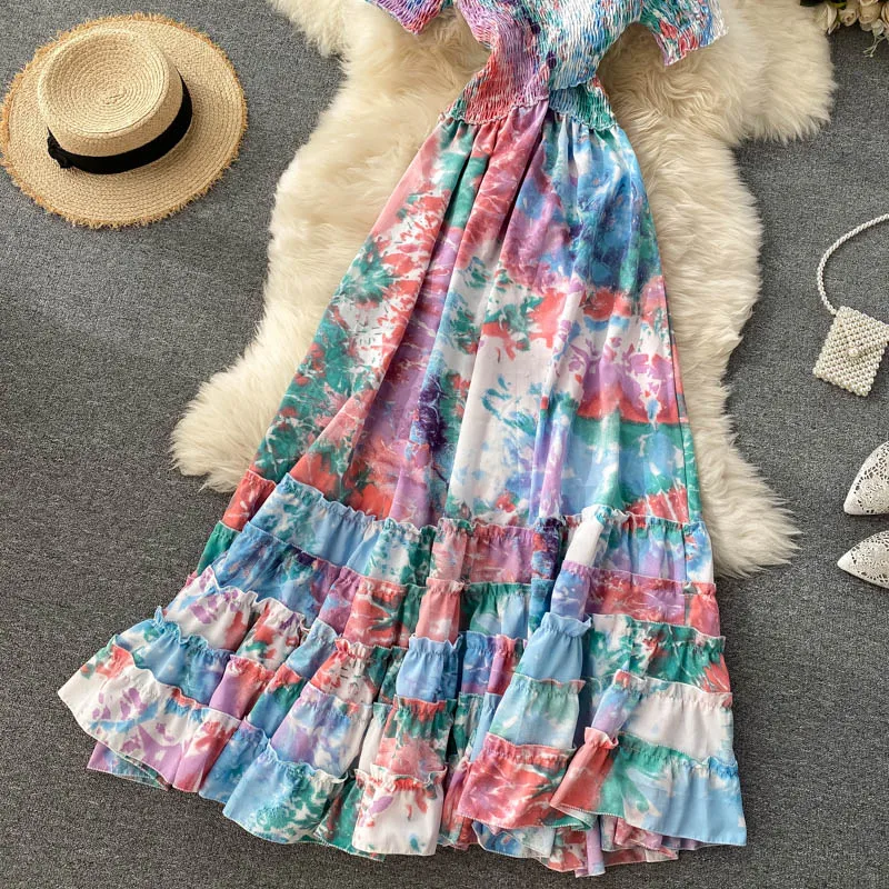 

Bohemian Women Tie Dye Printed Long Dress Sexy Autumn 2021 Female V-Neck Short Sleeve High Waist Vacation Beach Ruffle Vestidos