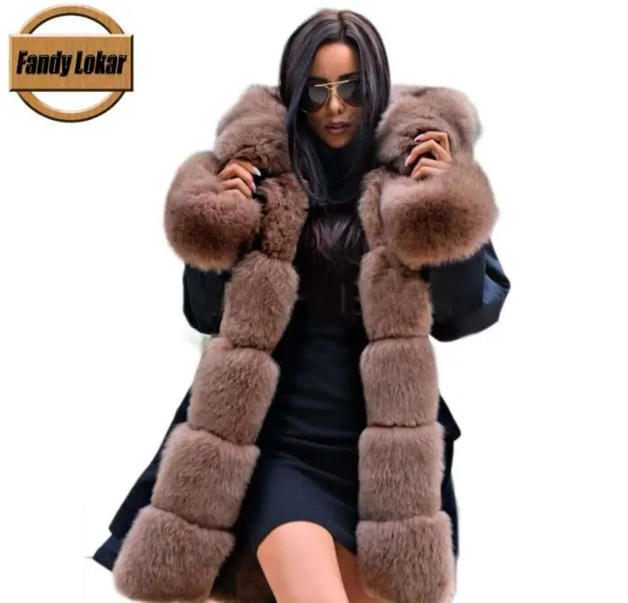 FP1809black Fandy lokar, парка из натурального меха, женская зимняя куртка, натуральный Лисий мех, пальто с капюшоном, натуральный мех кролика, подкладка, куртка для женщин, натуральный мех, пальто - Цвет: FP1809black