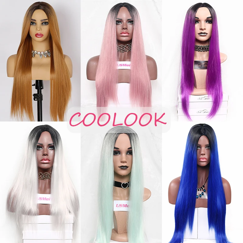 

Ombre Pink Long Straight Wig 30 Inch Natural Synthetic Daily Cosplay Party Wig for Afro Women Heat Resistant Fibre Fake Hair Wig