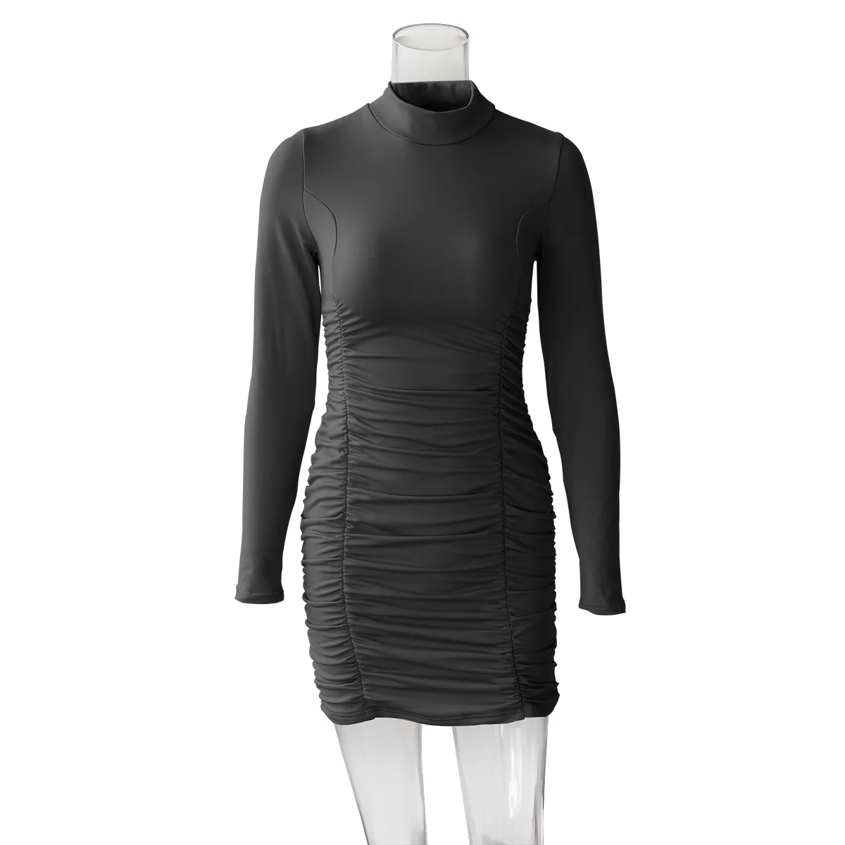 

2021 Long Sleeve Ruched Pure Sexy Mini Dress Autumn Winter Women Clubwear Fashion Dresses Black JS0438