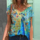 Женская футболка с принтом в виде павлина, с коротким рукавом и V-образным вырезом, с рисунком бабочек, в винтажном стиле, @ 40, размера плюс
