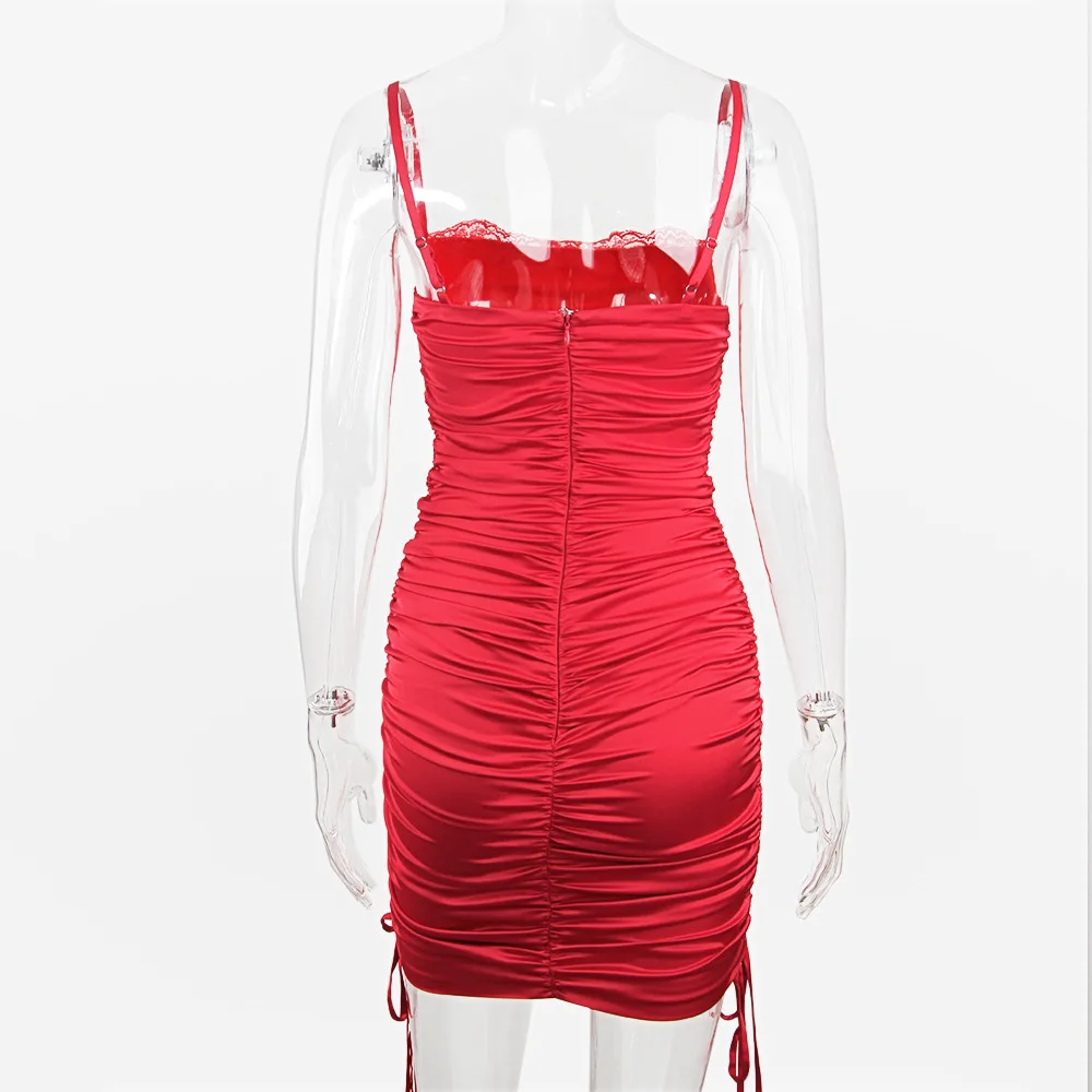 

BacklakeGirls Milky White Sexy Lace Hem Ruched Cocktail Dress Red Elastic Tight Sling Pleated Short Slim Party Dress Vestidos