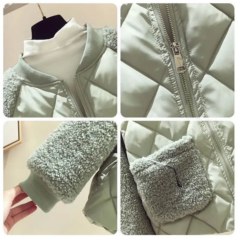 

New lightweight cotton padded jacket for women's short and versatile Korean loose imitation lamb wool splicing cotton padded