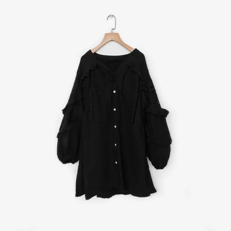 

V Neck Lace Flower Embroidery Loose Short Dress Women Vintage Drawstring Lantern Sleeve Sweet Vestidos Spring 2021 Japan New