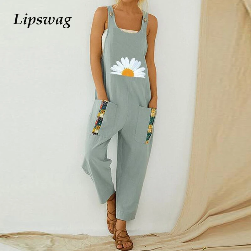 Женский хлопковый комбинезон на пуговицах элегантный Свободный без рукавов с