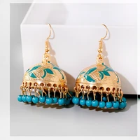 4 color ethnic womens green beads tassel turkish jhumka earrings vintage leaf indian jewelry gold color bell dangling earrings