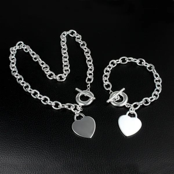 

Beautiful Love Heart card 925 sterling Silver necklace bracelet Jewelry set for women classic Fashion wedding Party Holiday gift