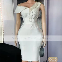 white short aso ebi dresses for girl prom 2022 one shoulder knee length beads pearls vestidos cocktail dress club wear