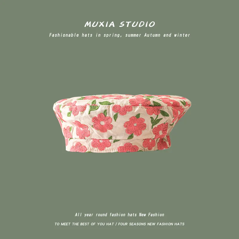 

stereo flower embroidery beret hat female joker brim photographed concave shape painter in spring and summer hat
