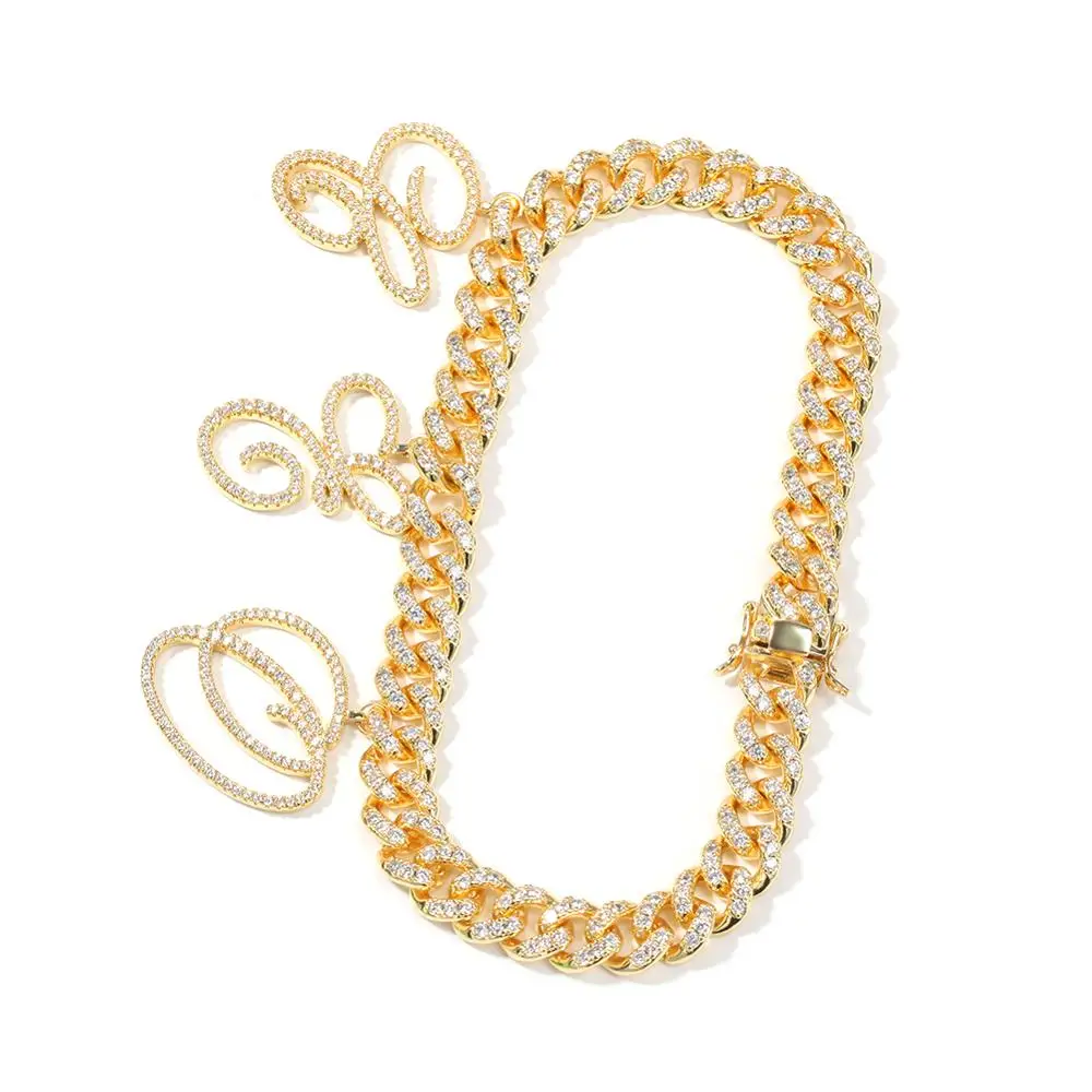 

12mm DIY Cursive Letters Miami Cuban Link Necklace Gold Silver Plated Luxury Ankle Micro Paved CZ Cuban Joining together Chain