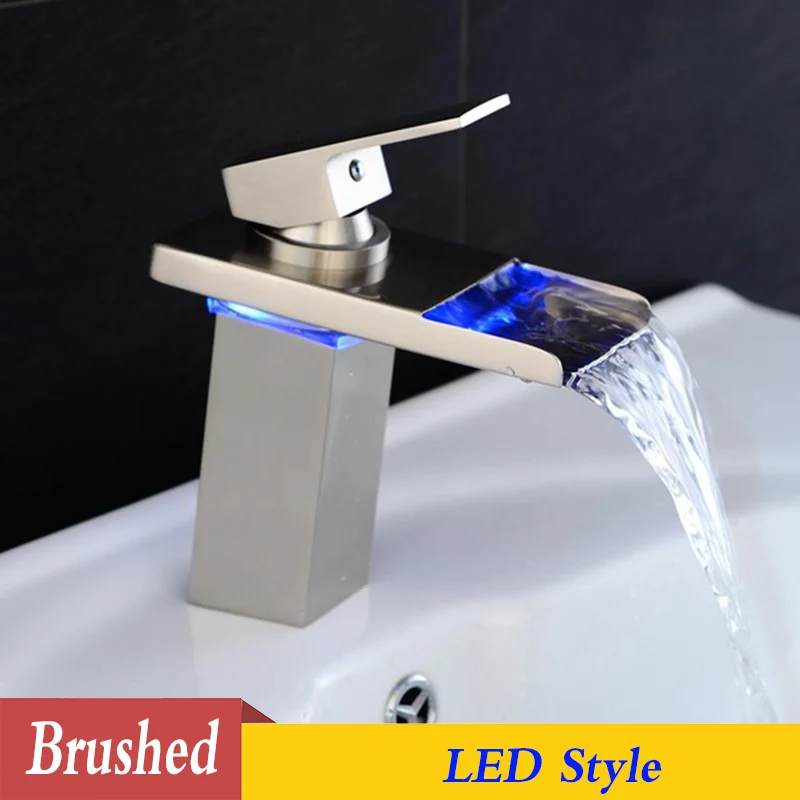 Brushed nickel LED POIQIHHY Водопад кран Led хром латунь Ванная раковина кран на бортике смеситель Носик раковина кран - Цвет: Brushed nickel LED