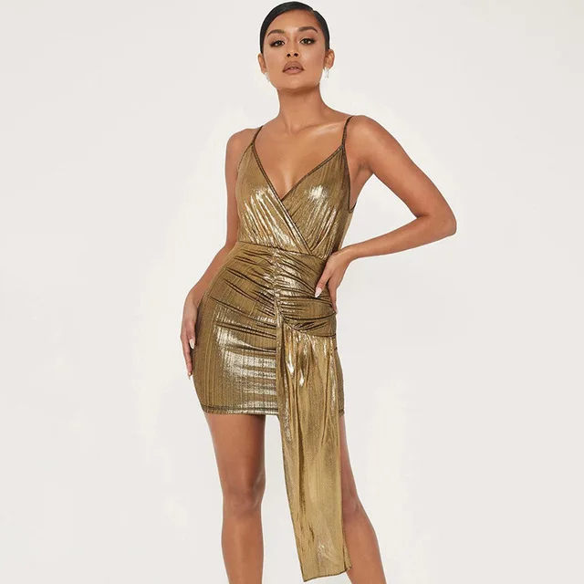 Золотой Dressmecb, летнее облегающее мини платье, женское осеннее сексуальное платье с глубоким v-образным вырезом на бретельках,, без рукавов, с открытой спиной, вечерние платья - Цвет: Золотой