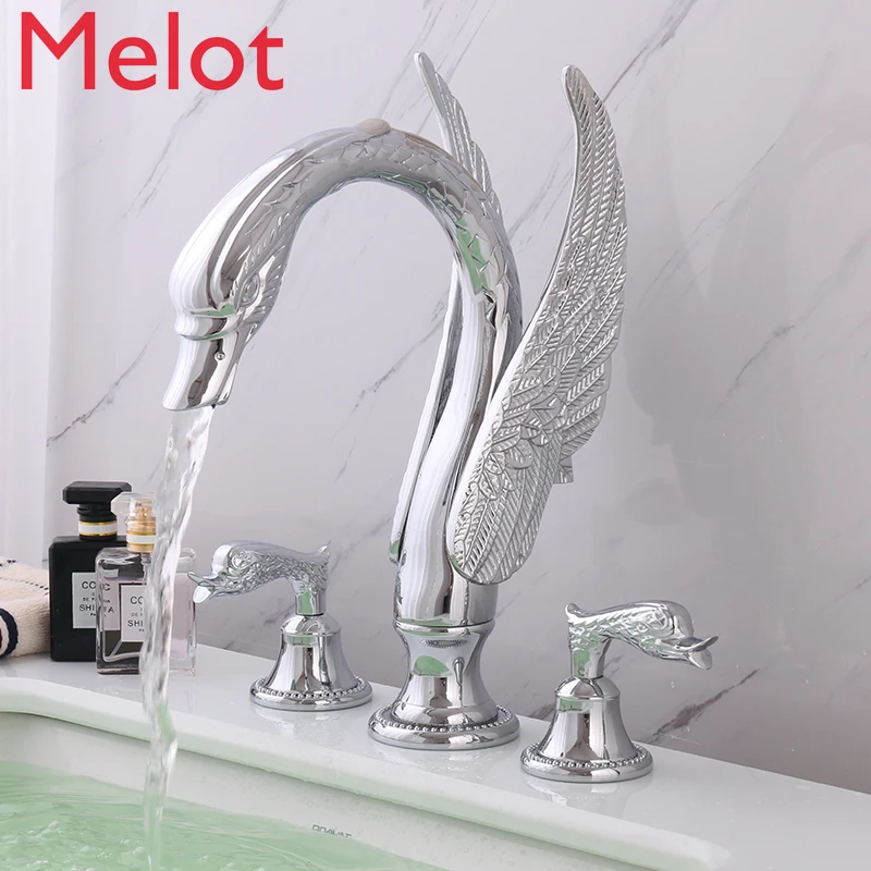 

All copper European gold double handle three hole bathroom basin hot and cold Swan faucet washbasin separate light luxury faucet
