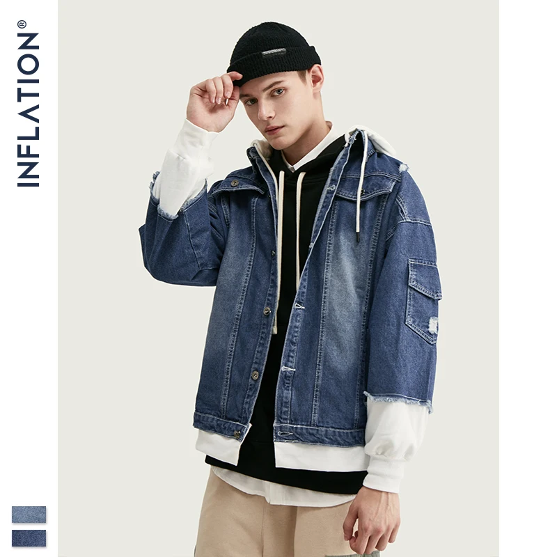 Мужская джинсовая куртка INFLATION 2020 синяя с капюшоном 2 шт./компл. одежда для осени
