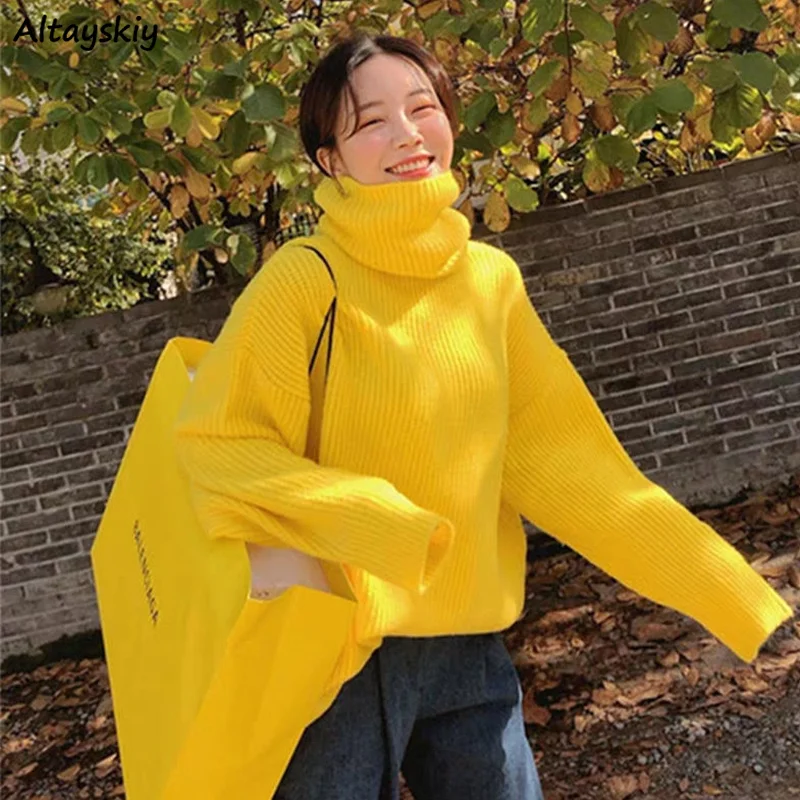 

Свитер женский однотонный, водолазка в Корейском стиле, простой элегантный универсальный пуловер, модный вязаный свитер для отдыха, 3 цвета