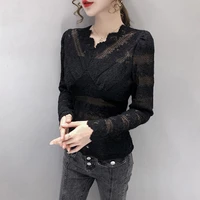 women t shirt long sleeve 2021 new arrival spring and autumn retro v neck lace slim female t shirt western style c78