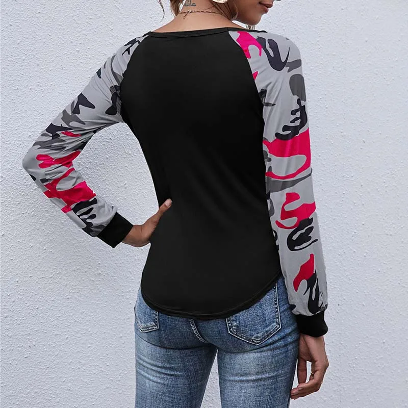 

Summer Long Sleeve Printed T Shirt Women Fashion O-neck Slim Sports Tops Patchwork Plus Size Casual Tee Shirt Femme