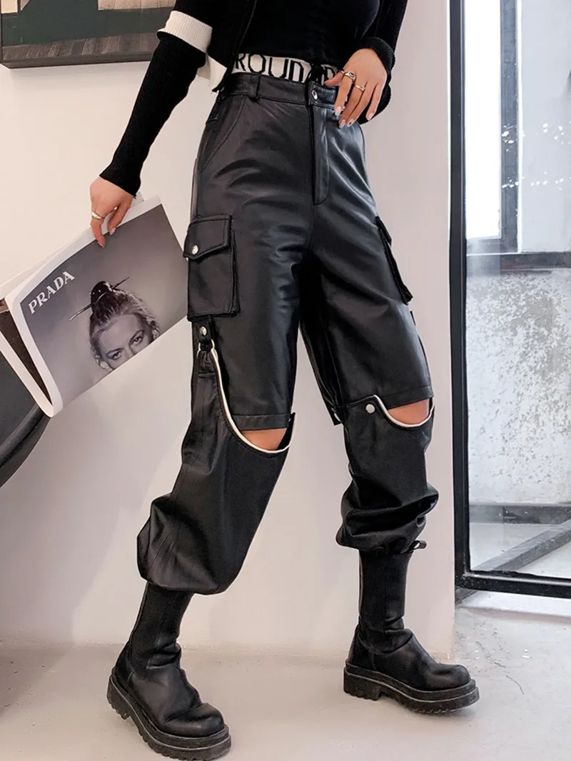 Leather pants women 2022 new tooling leather sheep skin high waist harem trousers detachable tooling leather pants women
