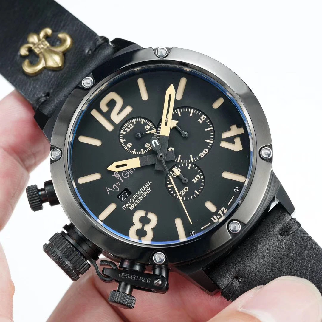 

New Quartz Chronograph Stopwatch Men U CHRONOMETER U1001 U72 Chimera Aged Brown Cow Black Leather Boat Watch Sapphire AAA+