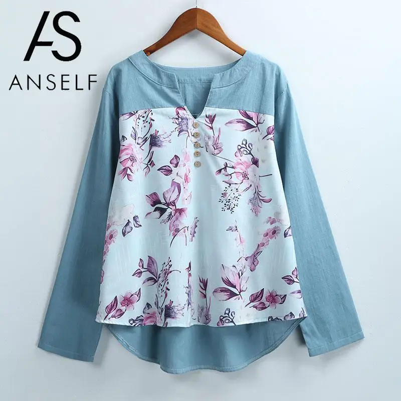 

Женская винтажная блузка, топы с цветочным принтом, с v-образным вырезом спереди, с длинными рукавами, рубашка 3XL 4XL 5XL размера плюс, рубашки, п...