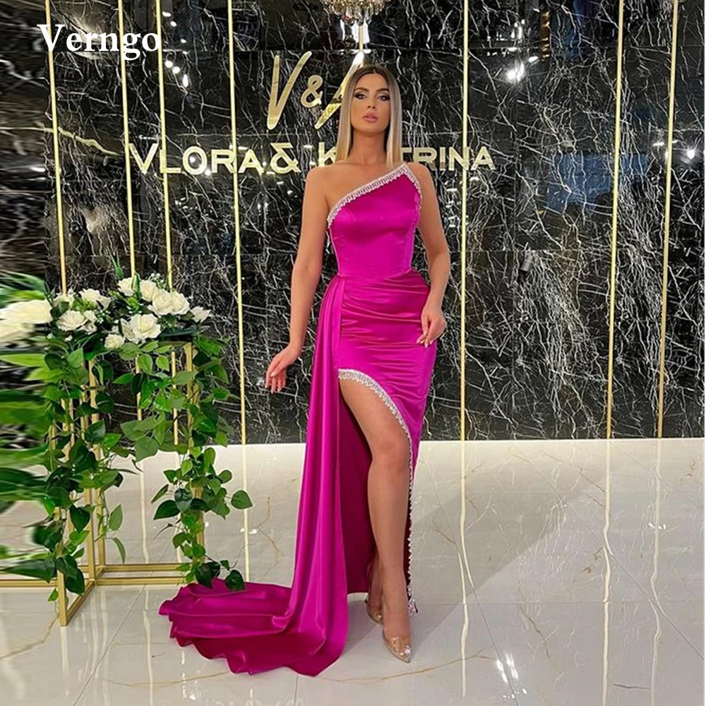 Verngo fuschia cetim longo vestidos de baile assimétrico pescoço lado fenda borla até o chão vestidos de noite simples vestido de festa (0)