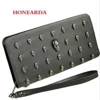 100pcs 2018 hot sale women wallets metal skull wallet card purse leather wristlet portefeuille handbags carteira feminina