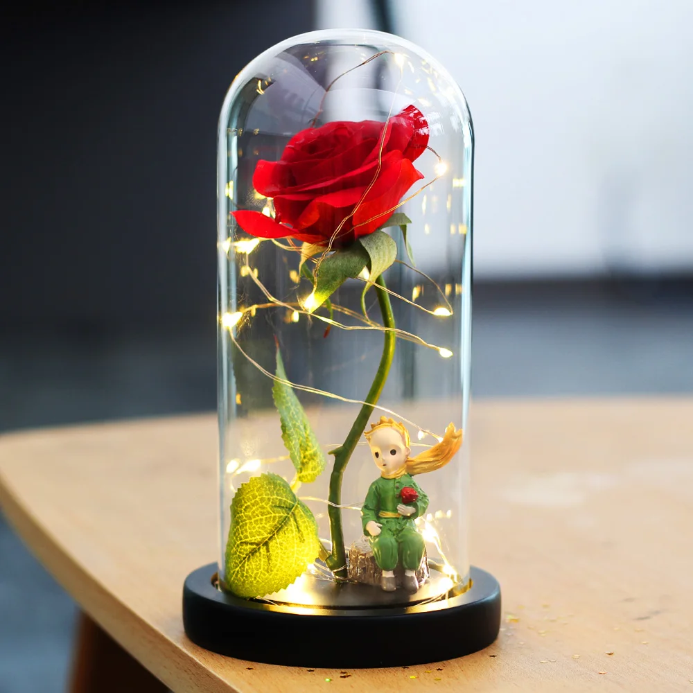 New Valentine's Day Gift LED Light Rose Gold Plated Red Glass Dome Belle And The Beast Roses For Mothers Wedding Party | Дом и сад