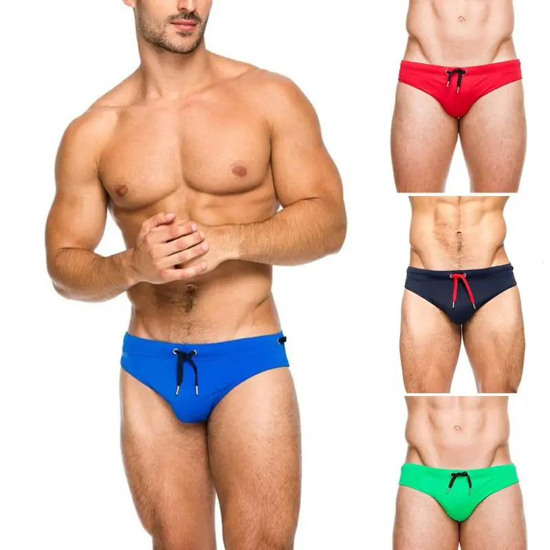 

Men Drawstring Swim Briefs Solid Color Low-Rise Push-Up Surf Shorts Bathing Suit