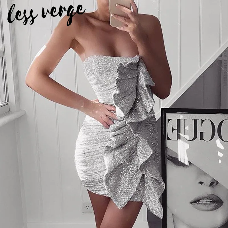 Женское Короткое облегающее платье без бретелек Lessverge сексуальное с блестками