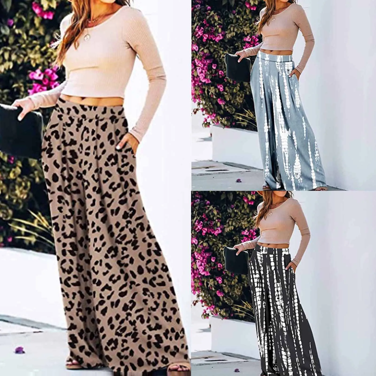 

Women's Pants Elastic Waist Wide-leg Fashion Women's Blue Spring Autumn Loose Casual High-waist Trousers Ladies Chic Pants 2021