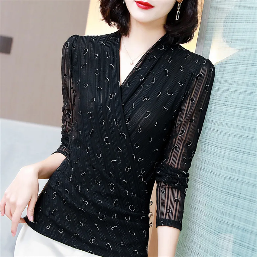 

Spring Autumn V-Neck Long Sleeve Black Mesh Blouse Womens Tops And Blouses Giltter Fashion Blusa Mujer Undershirt