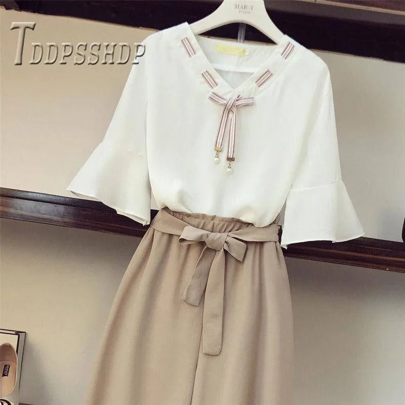 2019 новые летние женские комплекты шифоновые блузки и повседневные брюки |